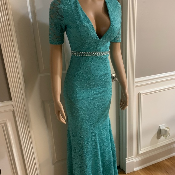 Women junior blue green lace bodycon mermaid maxi dress size (S) zipper back - Picture 3 of 14